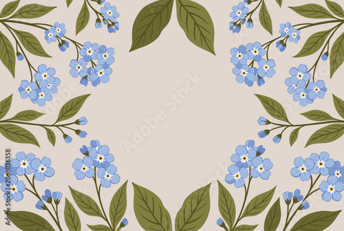 Beautiful decorative border featuring delicate blue forget-me-not flowers with green leaves on a light beige background.