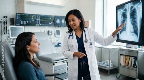 Female doctor explaining X-ray to patient.