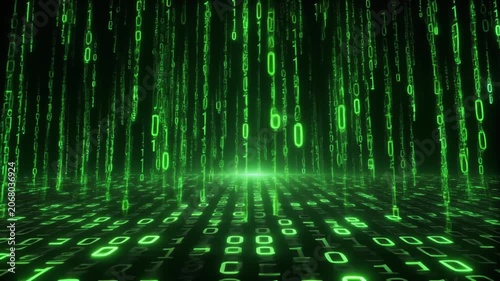 Technology animation rains down green matrix binary code. Cyberspace technology animation drops digital computer scripts. Network technology animation textures mainframe databases.