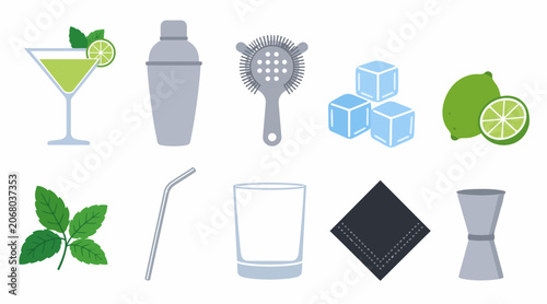 Bild auf Leinwand Cocktail and Bar Tools Flat Design Icons Set.
