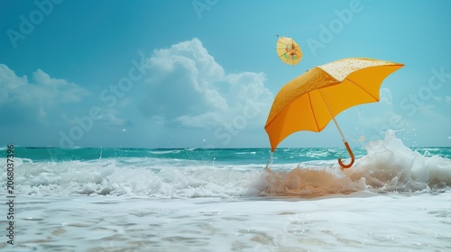Sunshine Serenade: A vibrant yellow umbrella braves the crashing waves on a sandy beach, under a clear blue sky, hinting at a playful spirit of summer adventure.