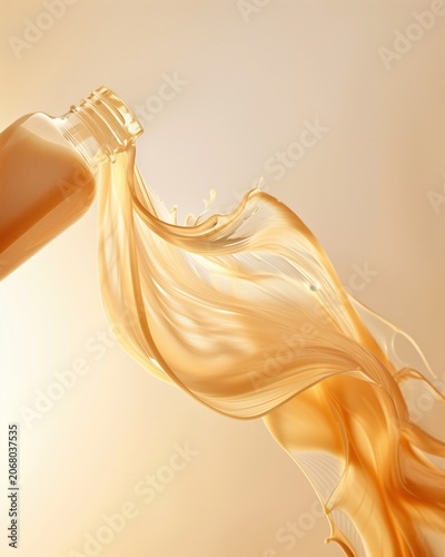 Golden Liquid Splash: A captivating splash of golden liquid elegantly pours from a transparent bottle, creating a dynamic wave of fluid art.