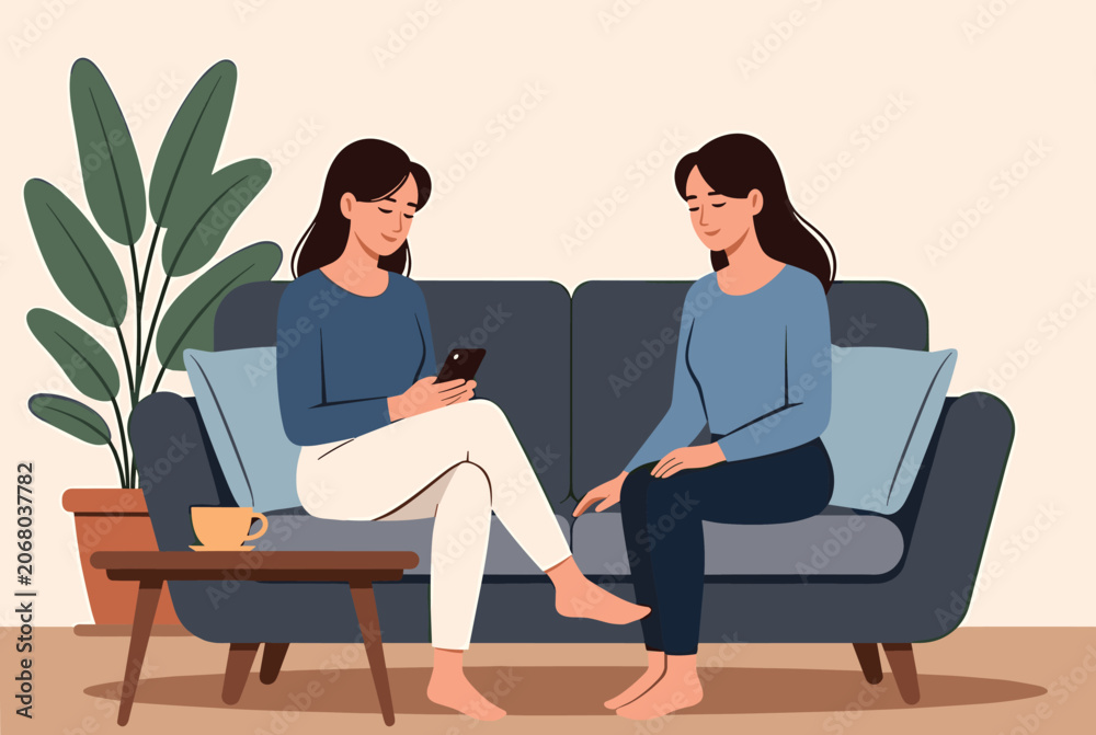 Obraz premium Two young female friends relaxing on a cozy blue sofa in a modern living room while checking a smartphone together.