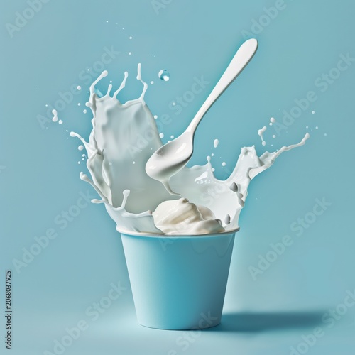 Creamy Delight Splash: A white spoon poised above a light blue cup, as creamy white yogurt or ice cream erupts in a dynamic splash, frozen mid-air against a pastel blue backdrop.