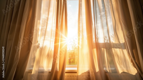 Golden Hour Glow: Soft, sheer curtains gently diffuse the warm, radiant sunlight streaming through a window, creating a serene and inviting atmosphere.