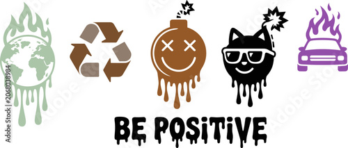 Tableau sur toile Environmental Concerns and a Call to Action: This graphic compilation features melting Earth, recycling symbol, a bomb with a smiley face, a cat with sunglasses, and a burning car