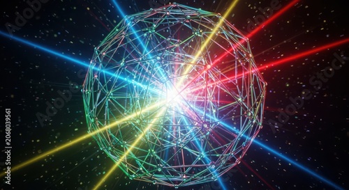 Abstract glowing network sphere with light rays in space