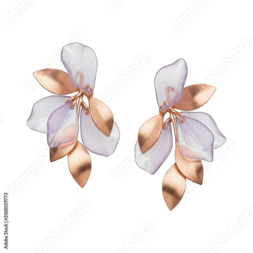 Translucent purple leaf earrings with gold accents isolated on transparent background