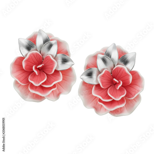 Delicate pink floral stud earrings with silver petals isolated on transparent background