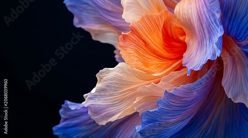 Abstract macro close up of delicate layered flower petals with vibrant orange and purple gradient hues set against a deep black background for artistic background