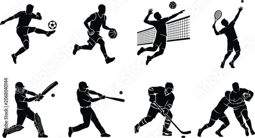 Obraz na płótnie Black Silhouette Sports Players Bundle Collection with Multiple Athletic Action