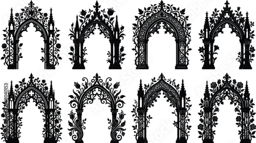 Bild auf Leinwand Collection of Gothic arch silhouettes with floral and vine tracery