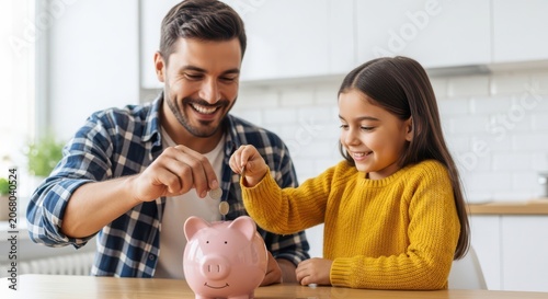 Father teaching daughter to save coins in a piggy bank
