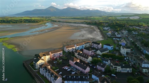 Aerial view of Dundrum residential district and bay during low tide Northern Ireland