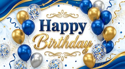 Royal blue and gold happy birthday background with realistic balloons and confetti on a luxury marble texture for elegant party invitations and event banners