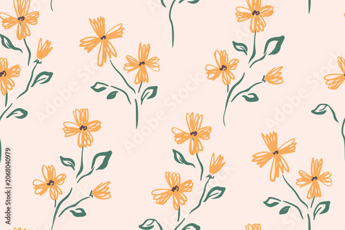 Seamless floral pattern, sketch motif ditsy print of hand drawn plants on white background. Cute botanical design, minimalist tile of small yellow flowers, tiny leaves abstract. Vector illustration.