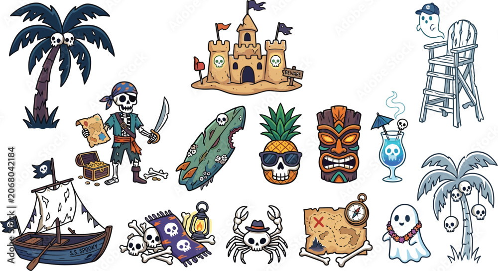 Naklejka premium Stickers featuring a collection of spooky pirate themed island.