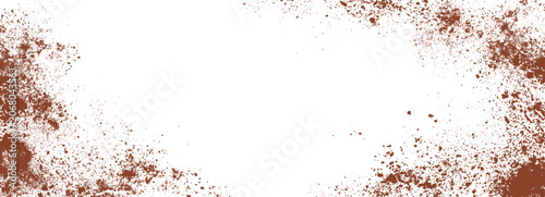 Brown dust splatter border isolated on white background. Horizontal grunge particle frame with scattered speckles and distressed spray texture.
