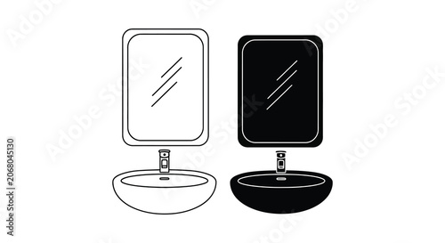 Bathroom sink and mirror set black and white line silhouette