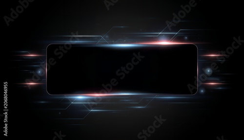 A futuristic black rectangle with neon blue and red lights glowing around it in a dark background creating a digital and abstract effect