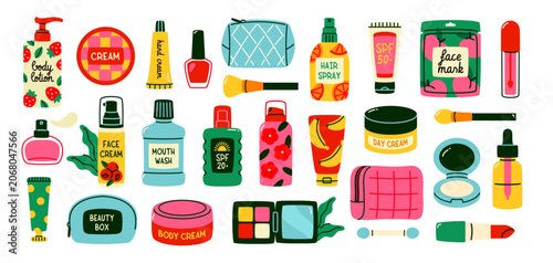 Beauty products set. Stickers with bottles, tubes and jars of decorative and care cosmetics for hair and skin. Cleansing and moisturizing. Flat vector illustration isolated on background