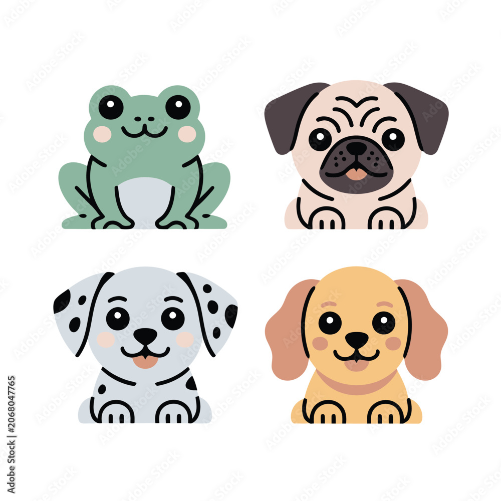 Obraz premium Adorable Pet Faces, Frog, Pug, Dalmatian, Puppy, Cute Animal Portraits, Kids Design, Trendy Kawaii Style, Sticker Pack, Flat Vector Icons