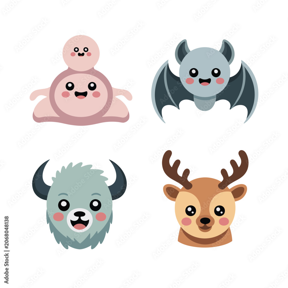 Fototapeta premium Spooky Night Characters, Cute Ghosts And Flying Bats, Pastel Kawaii Style, Sticker Pack Icon Set, Flat Vector Icons, Clipart Collection