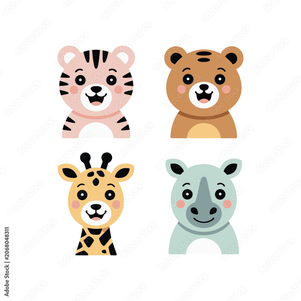 Fototapeta premium Wild Safari Faces, Tiger Cub Bear Giraffe Rhino Characters, Cute Colorful Style, Flat Vector Icons, Portrait Clipart Collection Decorative Elements