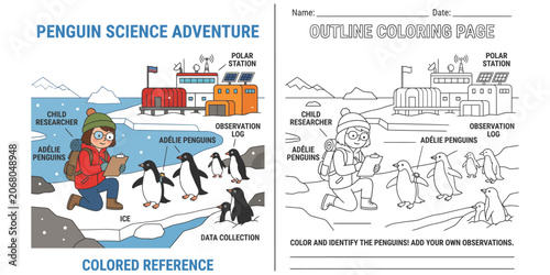 Canvastavla Penguin science adventure colouring page educational antarctic wildlife activity