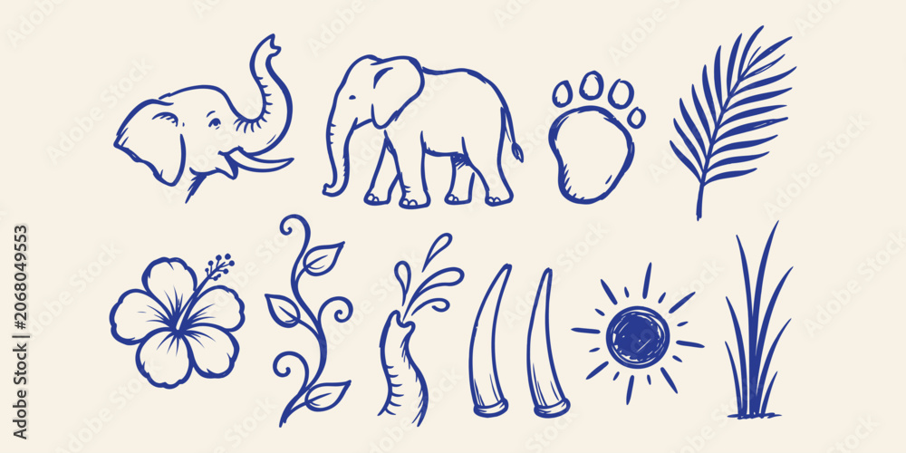 Fototapeta premium elephant elements and safari wildlife doodle icon set with elephant head walking elephant paw print palm leaf hibiscus flower vine trunk spraying water tusk sun and grass vector illustration