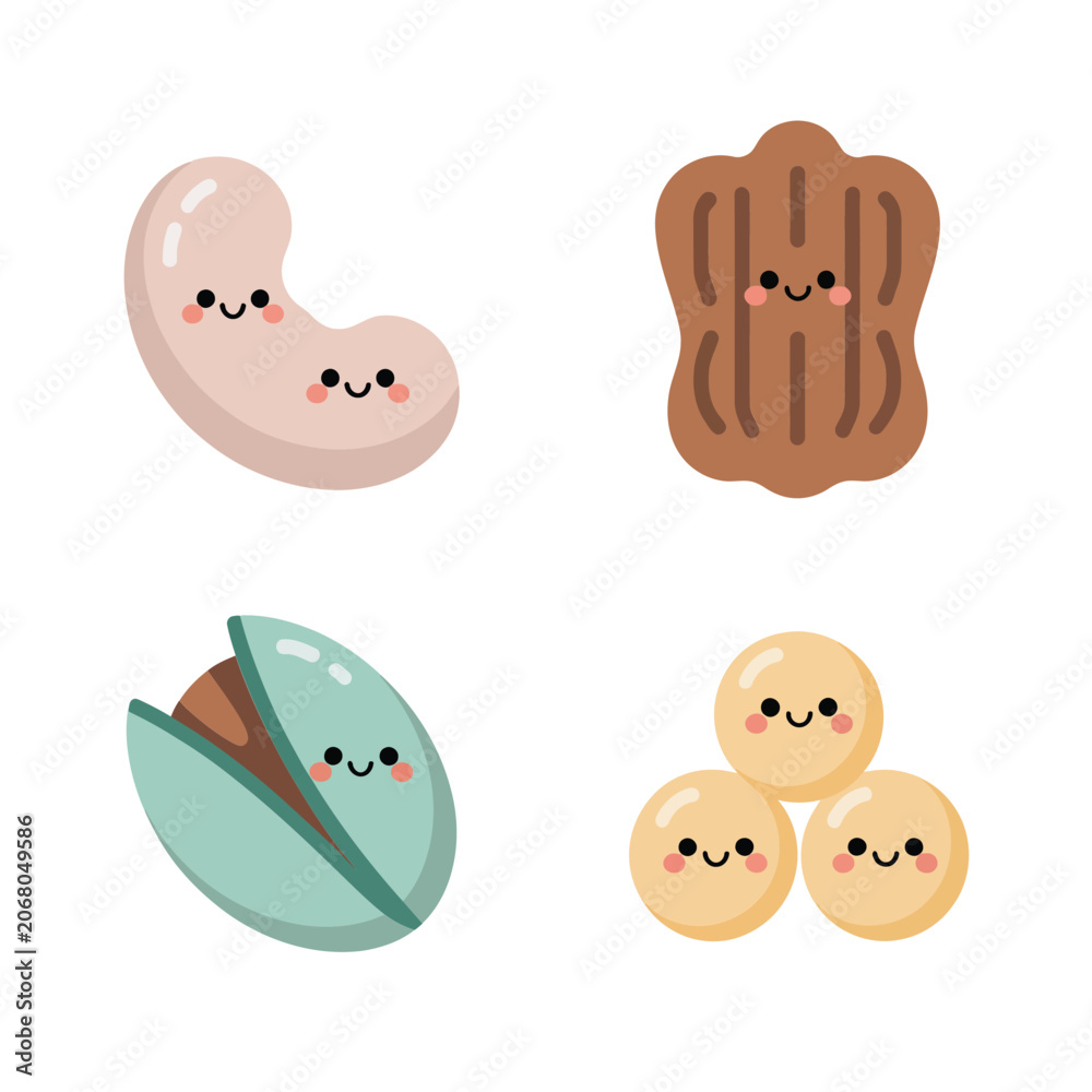 Obraz premium Nut Icons Kawaii, Cashew Pecan Pistachio And Macadamia With Peanuts, Cute Flat Style, Icon Set, Flat Vector Icons, Clipart Collection