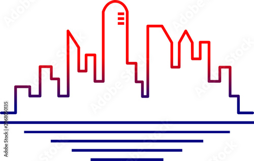 Modern City Skyline Line Art Vector Illustration with Red and Blue Gradient.
