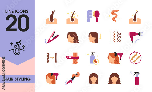 Hair styling icon set. Colorful symbols with comb, hair dryer, hair follicles, shampoo and curling iron. Design elements for app. Flat vector illustration collection isolated on background