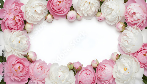 Soft focus close up of abundant pink peony blooms forming a decorative circular floral frame
