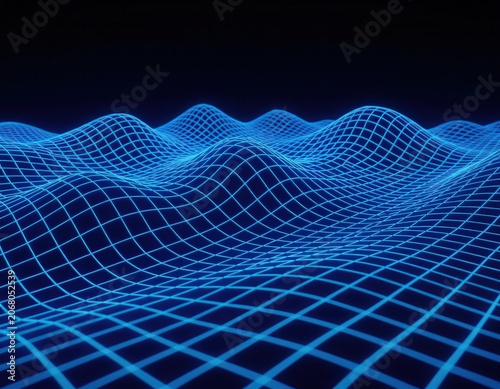 Wireframe Grid, A distorted 3D topographic grid landscape. Neon blue lines on black background. Retro-wave 80s aesthetic