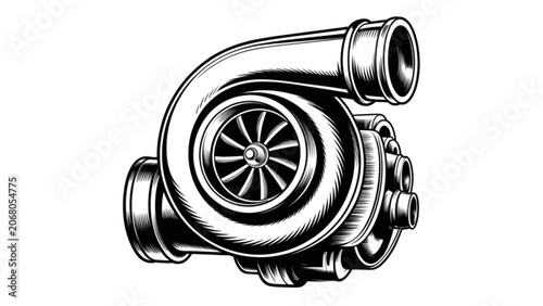 Foto Black turbocharger engine part with detailed mechanical structure Vector