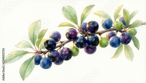 watercolor illustration of a sloe branch