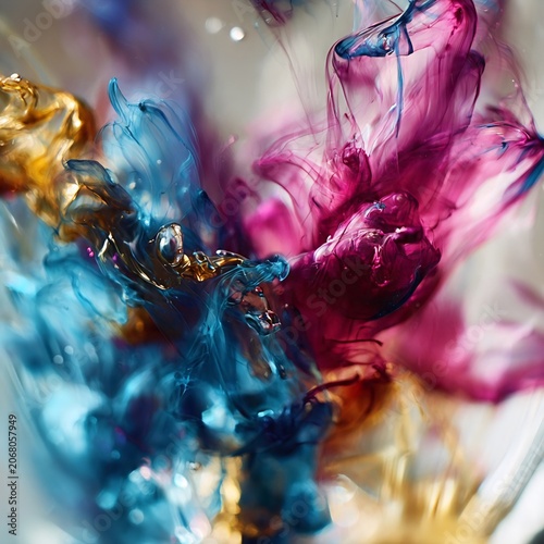 Mesmerizing dance of vibrant blue, magenta, and gold inks swirling gracefully in clear liquid, creating a dynamic and captivating abstract art spectacle