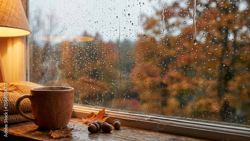 Cozy rainy autumn day view through window with cup of tea