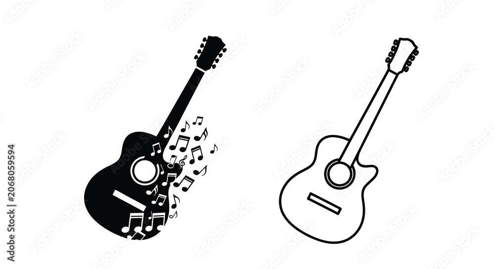Naklejka premium Guitar with musical notes and second guitar silhouette