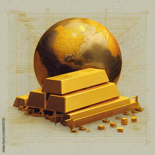 Global Wealth Accumulation: A stark visual representation of global wealth and financial power, featuring gleaming gold bars stacked precariously before a stylized golden globe.