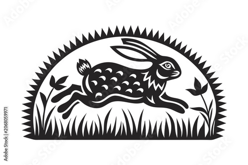 Wild Rabbit Hopping Across Sunny Field, Energetic Motion Vector Graphic for Nature