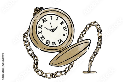 Vintage Pocket Watch with Chain and Key on White Background Flat Lay