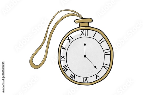 Golden Pocket Watch with Chain Isolated on White Background Vintage Style