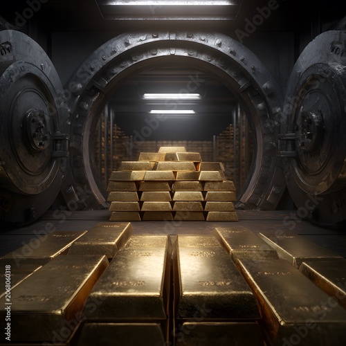 Golden Hoard in a Vault: A meticulously stacked treasure trove of gleaming gold bars sits in the center of a secure, imposing vault, illuminated by the vault's internal lighting.