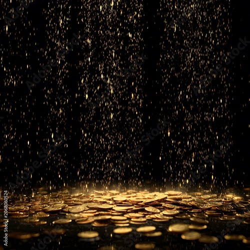 Golden Rain of Wealth: A shower of sparkling golden coins descends, creating a dazzling display as they accumulate on a reflective surface, symbolizing fortune and abundance.