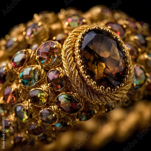 Opulent Gemstone Bracelet: A dazzling, intricately designed gold bracelet adorned with a rich assortment of colorful, faceted gemstones, exuding luxury and exquisite craftsmanship.