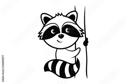 Inquisitive Raccoon Mask Peering from Tree in the Woods, Flat Vector Art Illustration