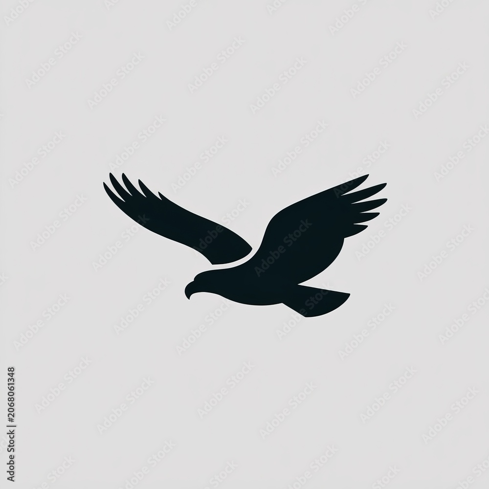 Fototapeta premium Minimalist black silhouette of an eagle flying isolated on grey background.