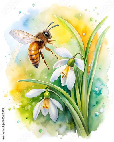 Watercolor honey bee flying near white snowdrop flowers with green leaves on spring splash background, insect illustration